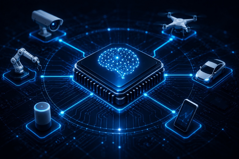 Illustration of a central AI processor connected to edge devices — camera, drone, robotic arm, smart speaker, vehicle, and smartphone