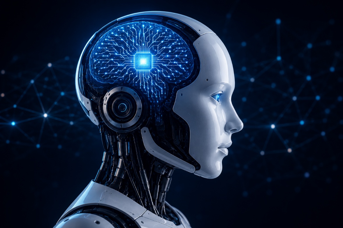 Conceptual visualization of an AI system with a neural network embedded in a humanoid head
