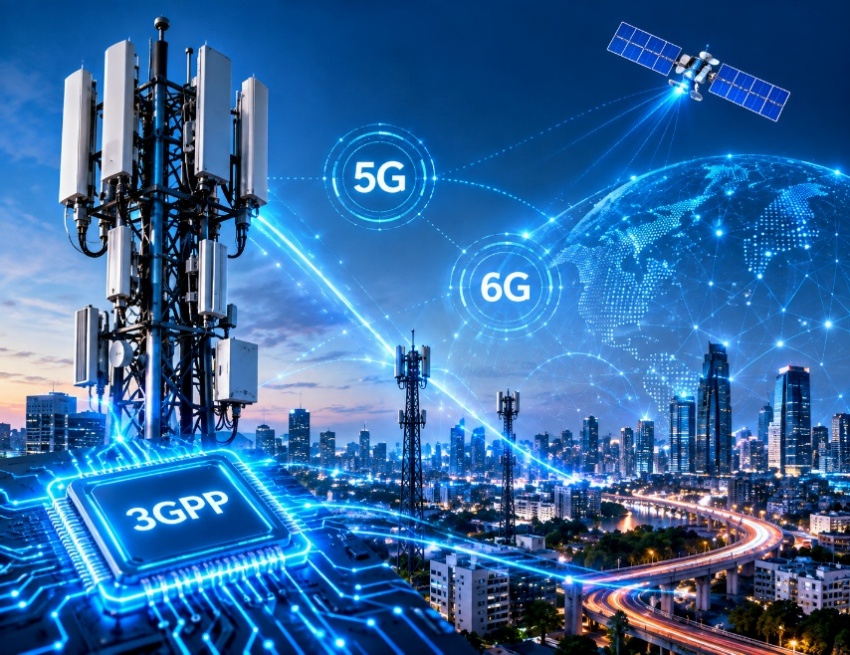 5G/6G communication infrastructure with a cell tower, satellite, city skyline, and 3GPP chip, connected by glowing signal links