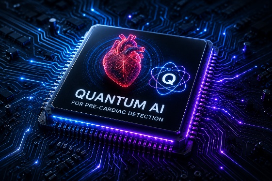 A circuit board chip labeled 'Quantum AI for Pre-Cardiac Detection' with a glowing heart icon