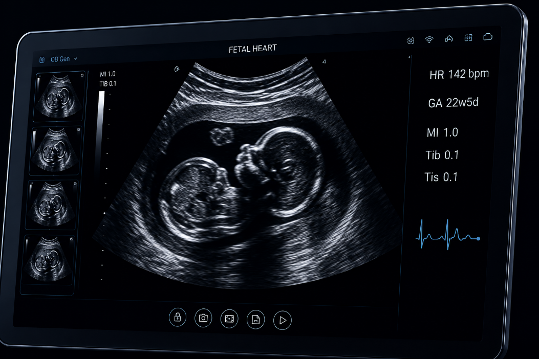 An ultrasound monitor displaying a fetal heart scan with heart-rate and gestational-age readouts