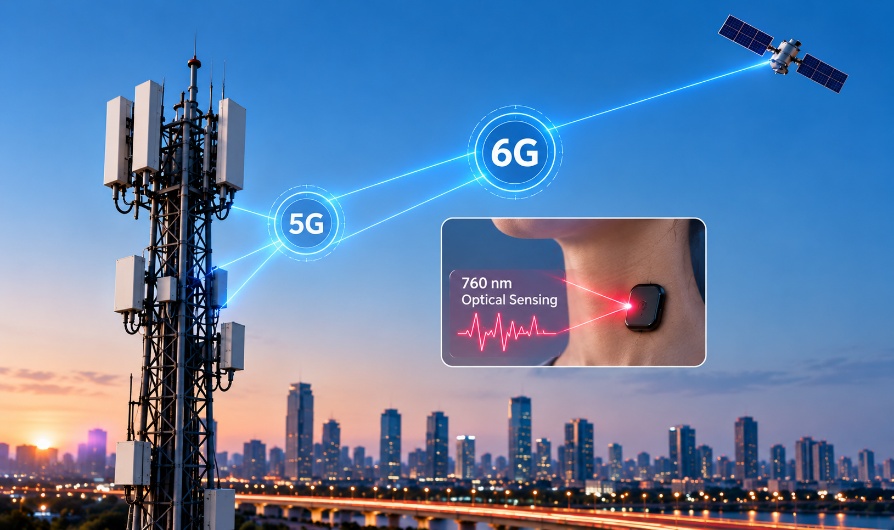 A worn optical sensor on the neck reading 760 nm optical sensing data, connected via 5G and 6G signal links to a cell tower and satellite
