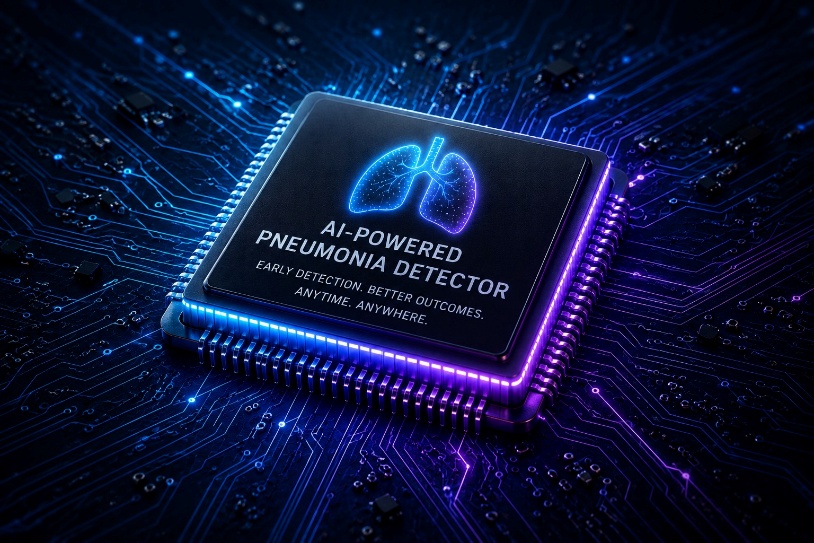 A circuit board chip labeled 'AI-Powered Pneumonia Detector — Early detection. Better outcomes. Anytime, anywhere.' with a glowing lungs icon