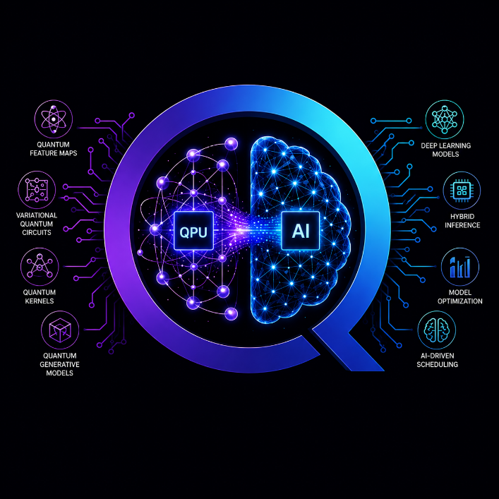 Illustration of a QPU and an AI neural network fused inside a Q-shaped ring, surrounded by icons for deep learning, hybrid inference, model optimization, and AI-driven scheduling