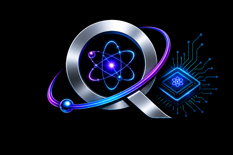 Circular badge icon combining an atomic orbital symbol with a quantum processor chip
