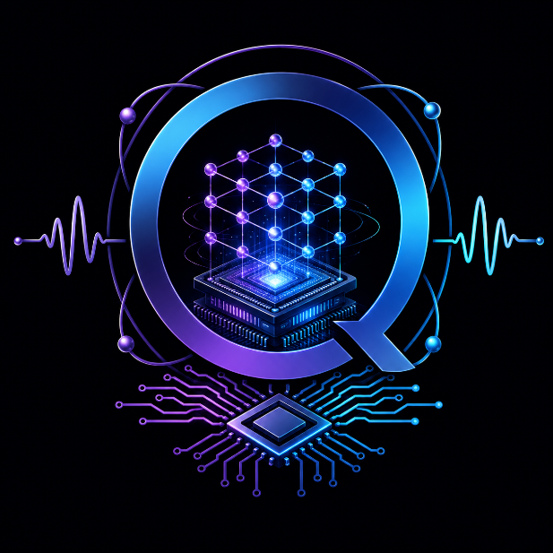 Illustration of a 3D qubit lattice above a quantum processor chip, framed by a Q-shaped ring
