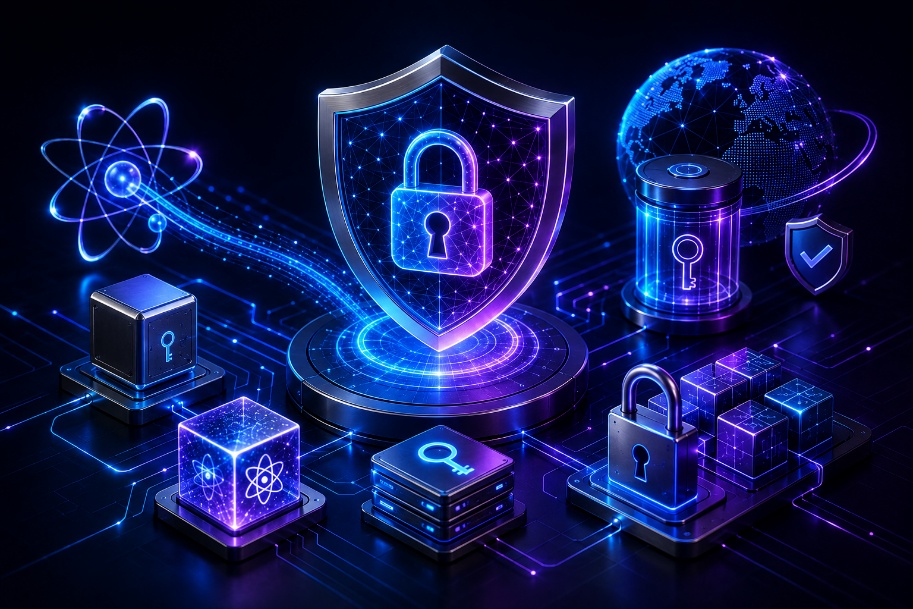 Illustration of a security shield with a lock, surrounded by encrypted data cubes and a global network globe